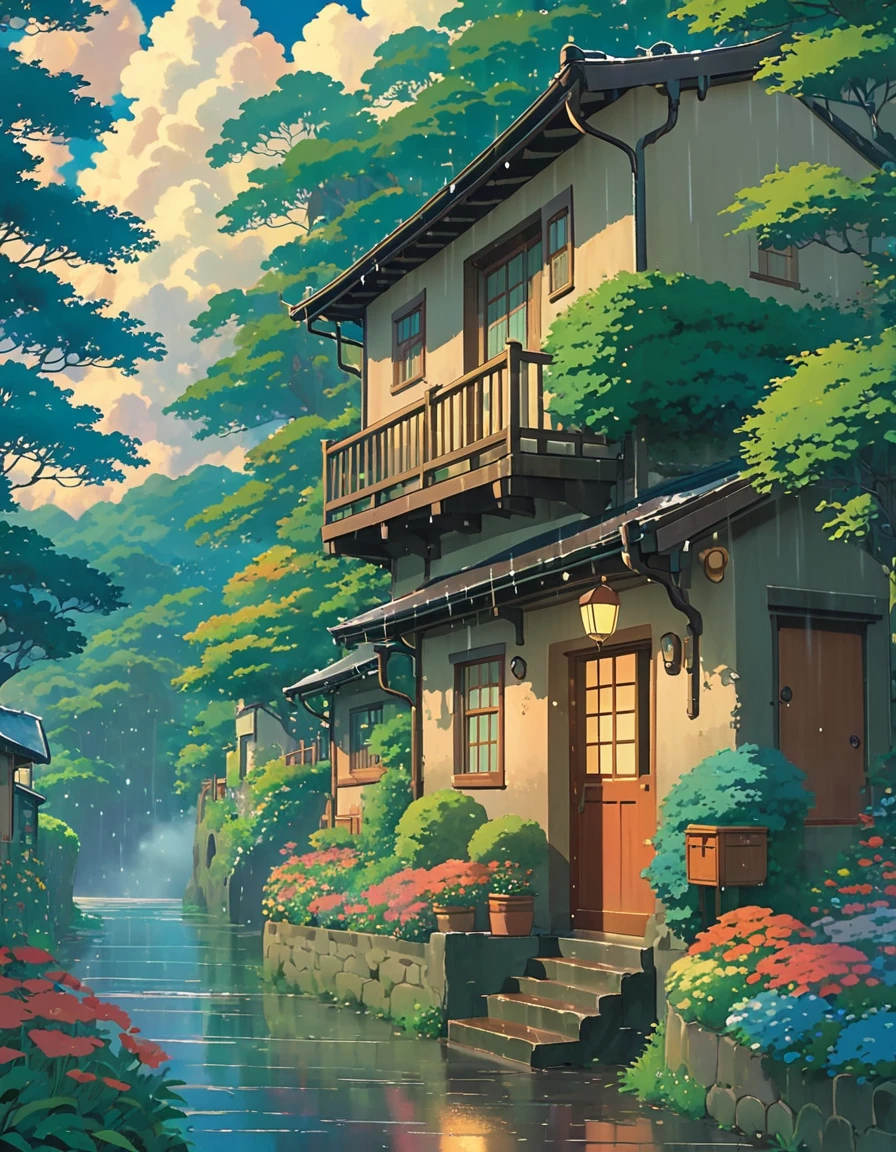 I have an image generator and I would like it to create a calm Studio Ghibli style image., with rain and a little aesthetic . I want the image to be simple, However, captures the fantastic world of Studio Ghibli.. This will be my background image.. Thank you for creating this for me..