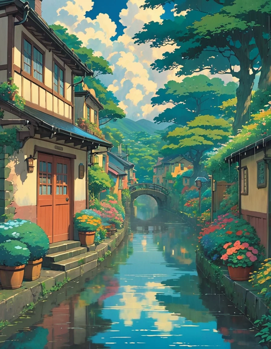 I have an image generator and I would like it to create a calm Studio Ghibli style image., with rain and a little aesthetic . I want the image to be simple, However, captures the fantastic world of Studio Ghibli.. This will be my background image.. Thank you for creating this for me..