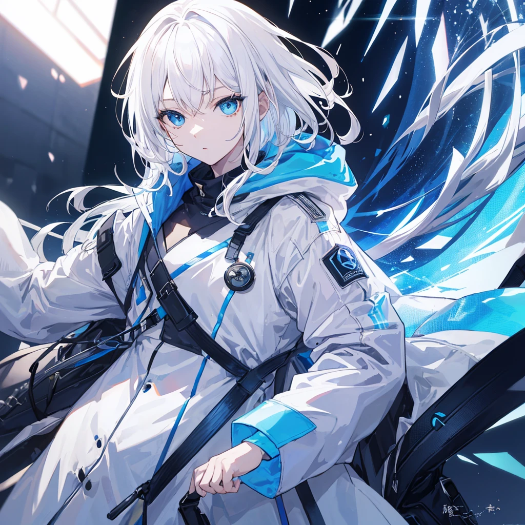 （masterpiece,Highest quality,Anime Style,More Information，CG rendering，Character portrait，Ray Tracing，)(Holographic Projection，White Hair，長いWhite Hair，Hair Straightening，Blue Eyes，blue and white trench coat，Futuristic design，Clothing of the future，Solo