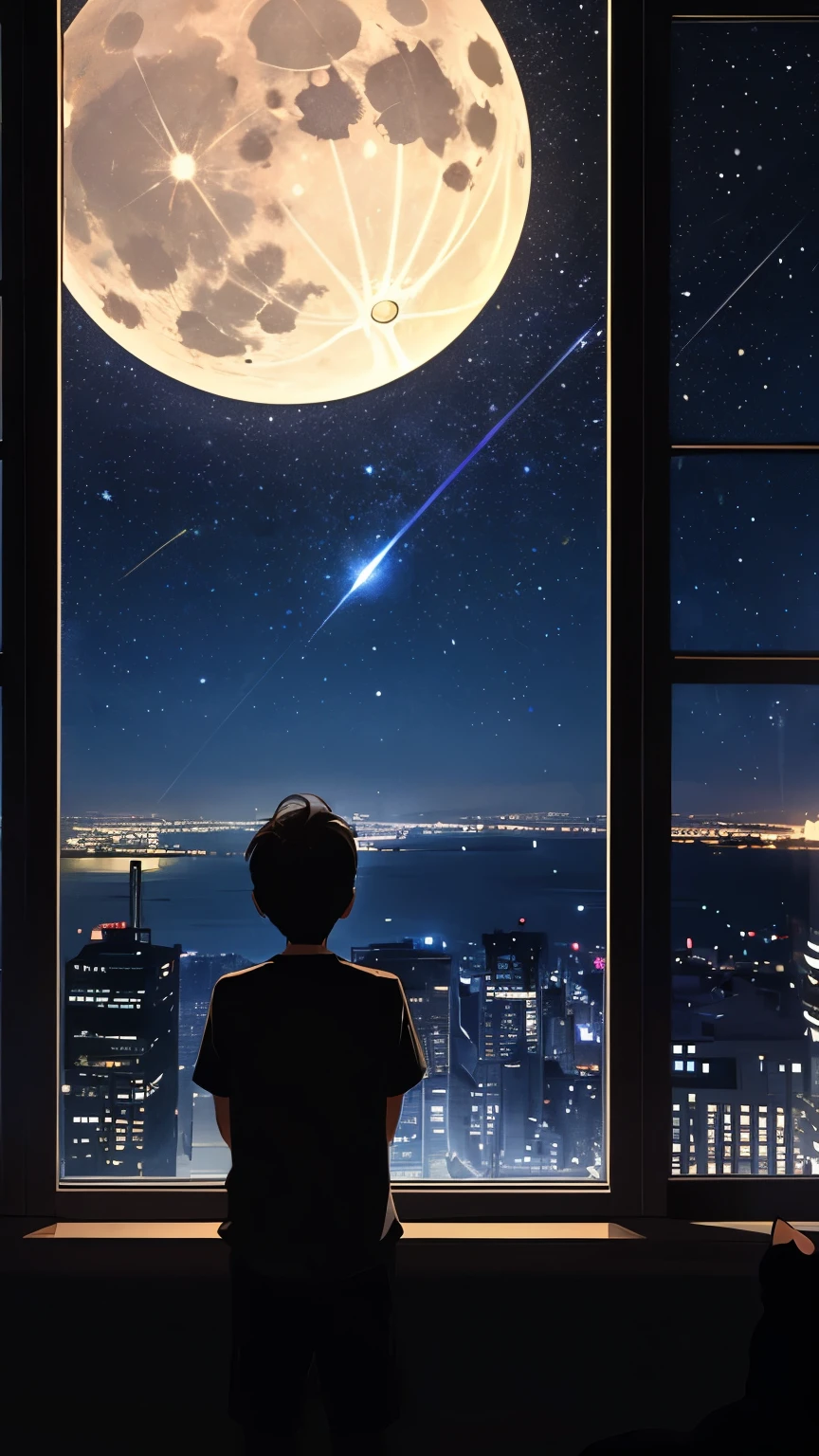 there is a boy looking out a window at the moon, night stary sky full of stars, bright moon, watching the stars, silhouette of a boy and his cat, window into sky behind them, looking at the stars, looking out, watching the stars at night, window to night time, view of a city 