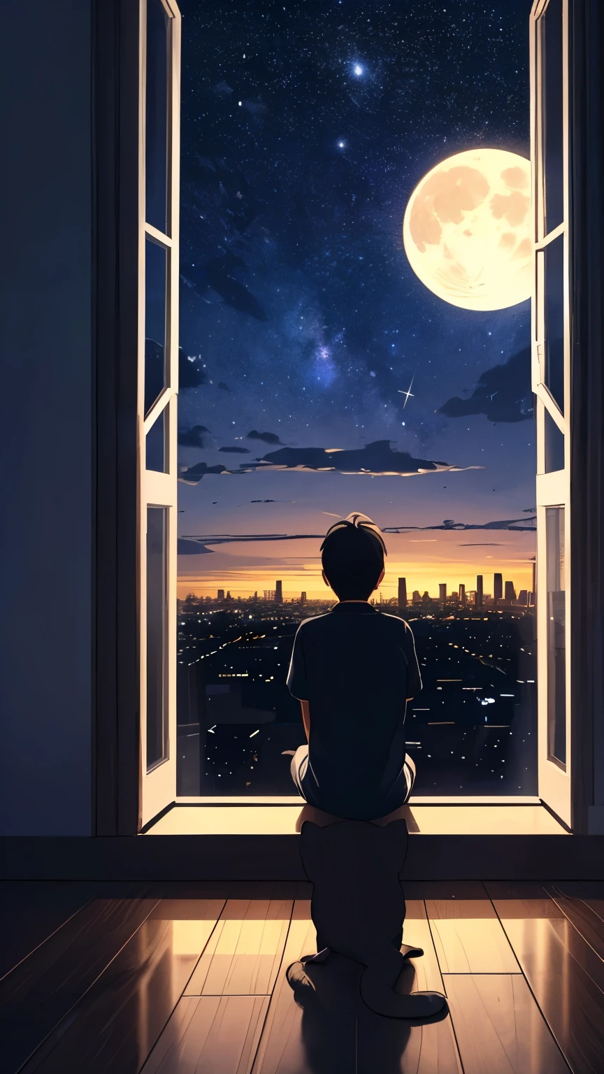 there is a boy looking out a window at the moon, night stary sky full of stars, bright moon, watching the stars, silhouette of a boy and his cat, window into sky behind them, looking at the stars, looking out, watching the stars at night, window to night time, view of a city 