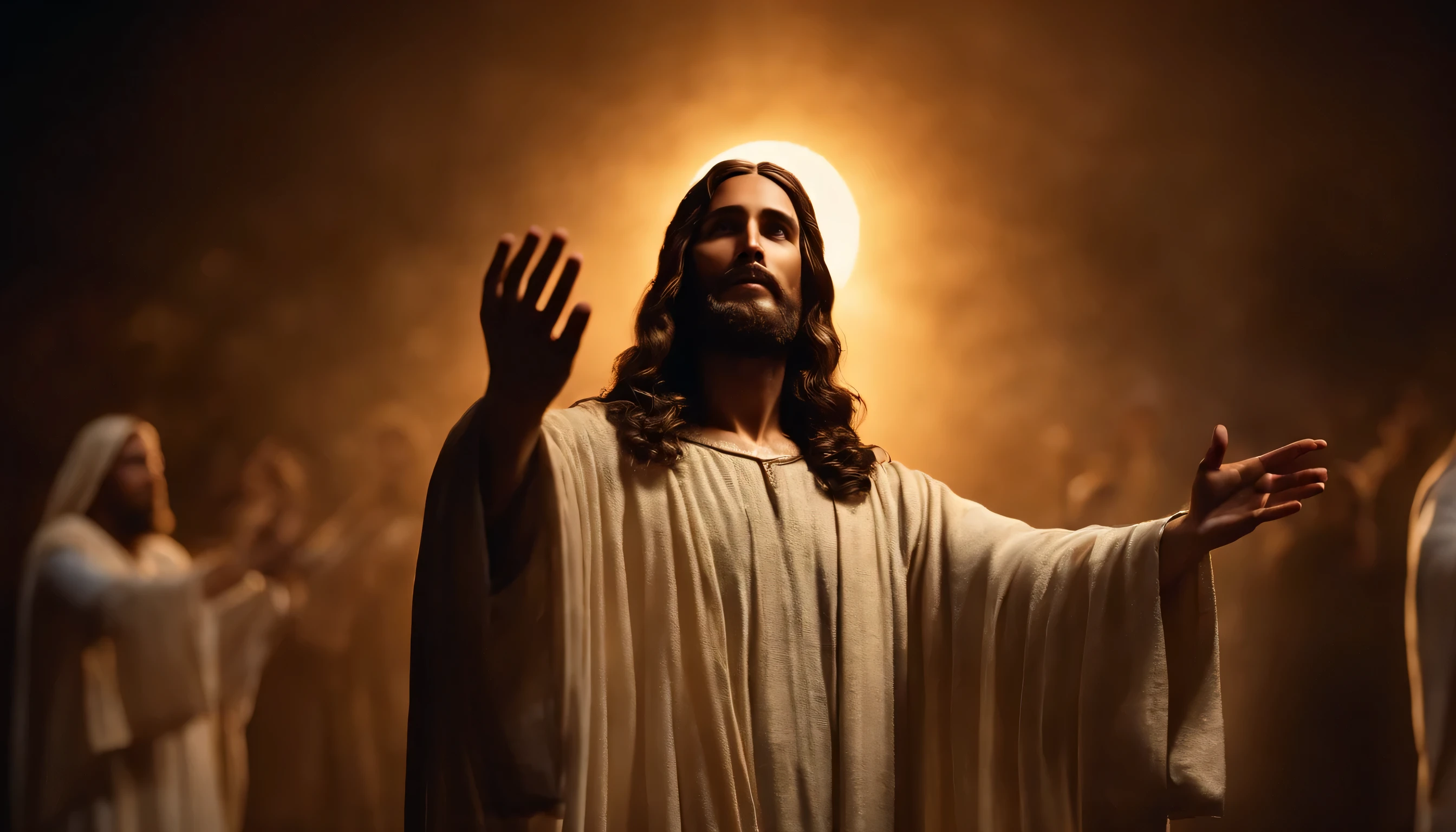 Screams a picture of Jesus with a crown, mas sem show your Rosto. Use symbolic elements, like outstretched hands or an aura of light, to represent his divinity and power.