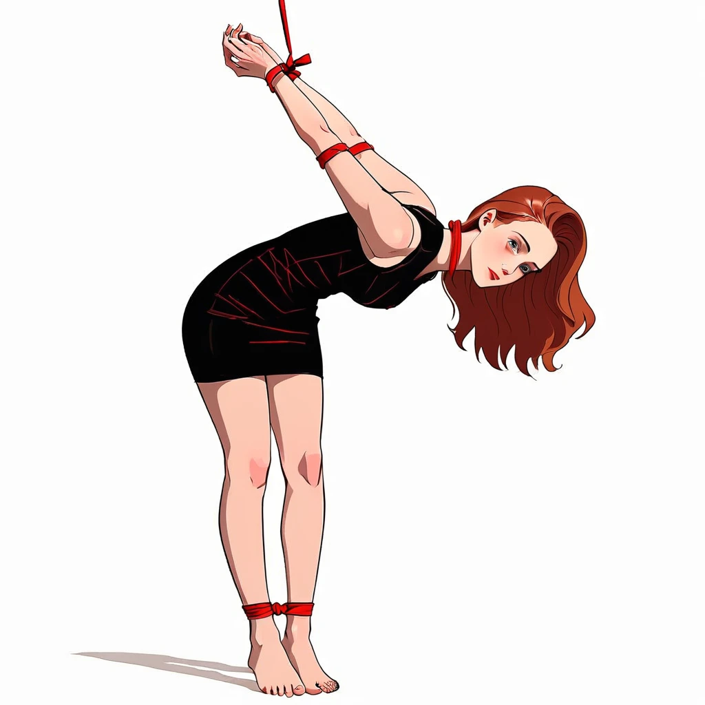 (graphic novel illustration, lineart:1.5),white background, barefoot, strappado, bound wrists, a beautiful woman, long hair, , looking at viewer, from front, (bent over), bound wrists, full body, flat color, narrow waist, biting lips, very short black dress, red rope, thin, shadow, arms up, wide hips, hourglass figure