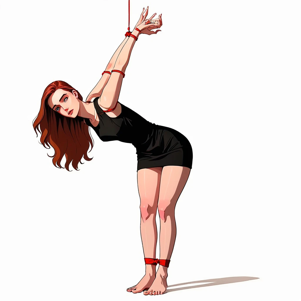 (graphic novel illustration, lineart:1.5),white background, barefoot, strappado, bound wrists, a beautiful woman, long hair, , looking at viewer, from front, (bent over), bound wrists, full body, flat color, narrow waist, biting lips, very short black dress, red rope, thin, shadow, arms up, wide hips, hourglass figure