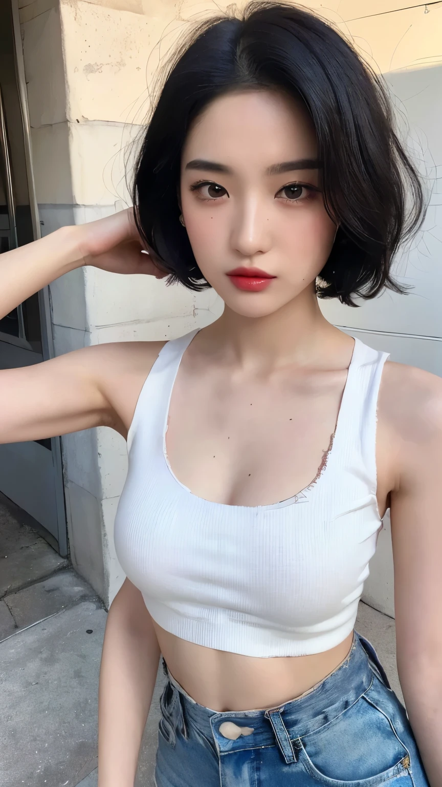 ((Top quality, 8k, Masterpiece: 1.3)),   beauty, hidden face,   ((Beautiful girl 18 years old)),   Beauty:1.3,   Slender abs :1.1,   ((black short hair big breasts:1.2)),   ultra-detailed face,   highly detailed lips,   detailed eyes,   double eyelids,   ((Make-up face. lipstick)), 

((Tank top)).   ((Ripped-ripped shorts)).    Stand,Street