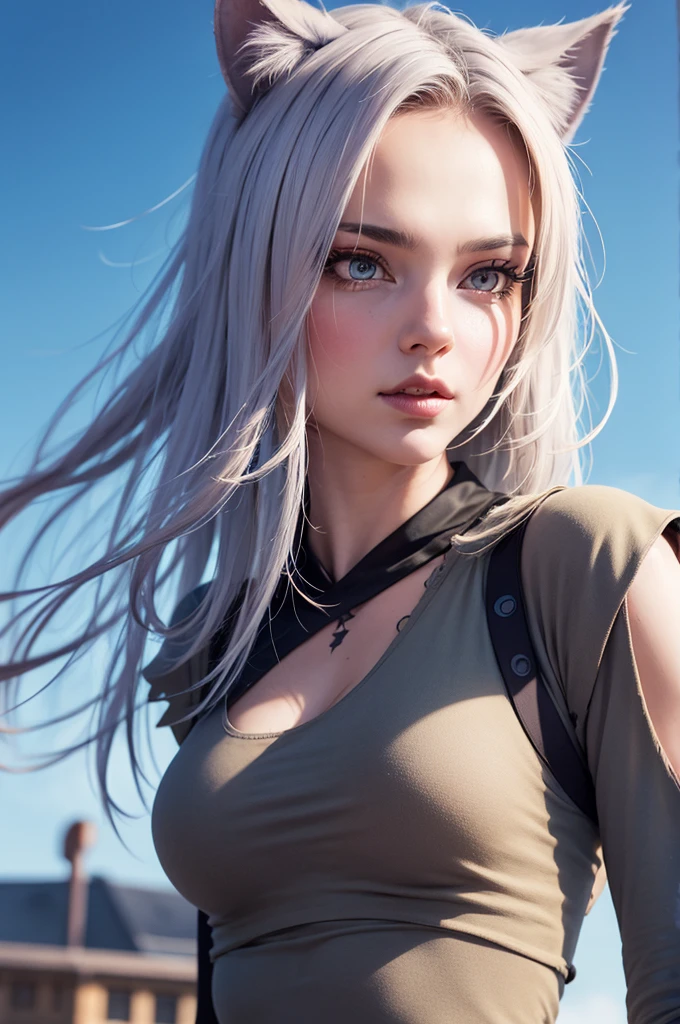 a beautiful neko android 18, detailed facial features, detailed eyes, detailed lips, detailed nose, detailed face, long eyelashes, catlike ears, catlike tail, detailed android components, cyborg body, intricate mechanical details, highly detailed, 8k, photorealistic, masterpiece, vibrant colors, dynamic lighting, dramatic poses, fantasy art