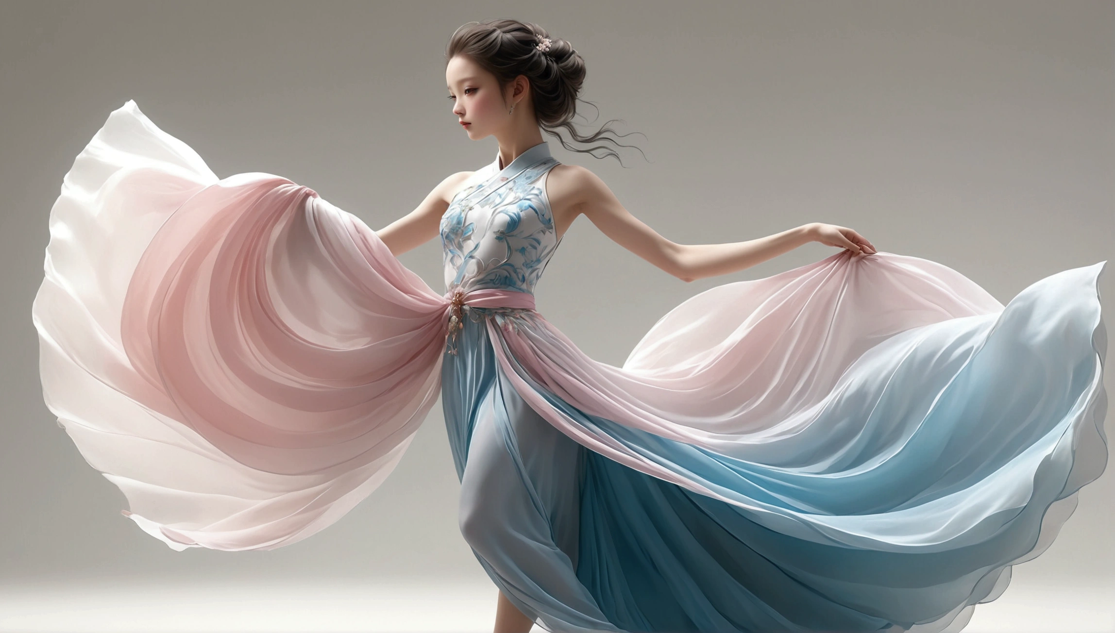 Dance photography;A dancer,Solitary;A little girl in a gorgeous long dress(Girl),Chinese style skirt,pink,Conservative style,Smudged skirt hem;The movements of the dance;elegant,Flexible skirt,Running towards the high skirt;Long hair,Long hair披肩。Full body view,front; Simple style;Minimalism。Background of Flatness,Absolute pure color;White background,Pure white background;Panoramic photography;Depth of Field, Extraordinary details, masterpiece, high quality, 4K,cinematic lighting, motion blur, depth of field, sparkle, ray tracing, reflection light, anatomically correct, uhd, textured skin, best quality, super detail, highres, high details, accurate, high quality, award winning