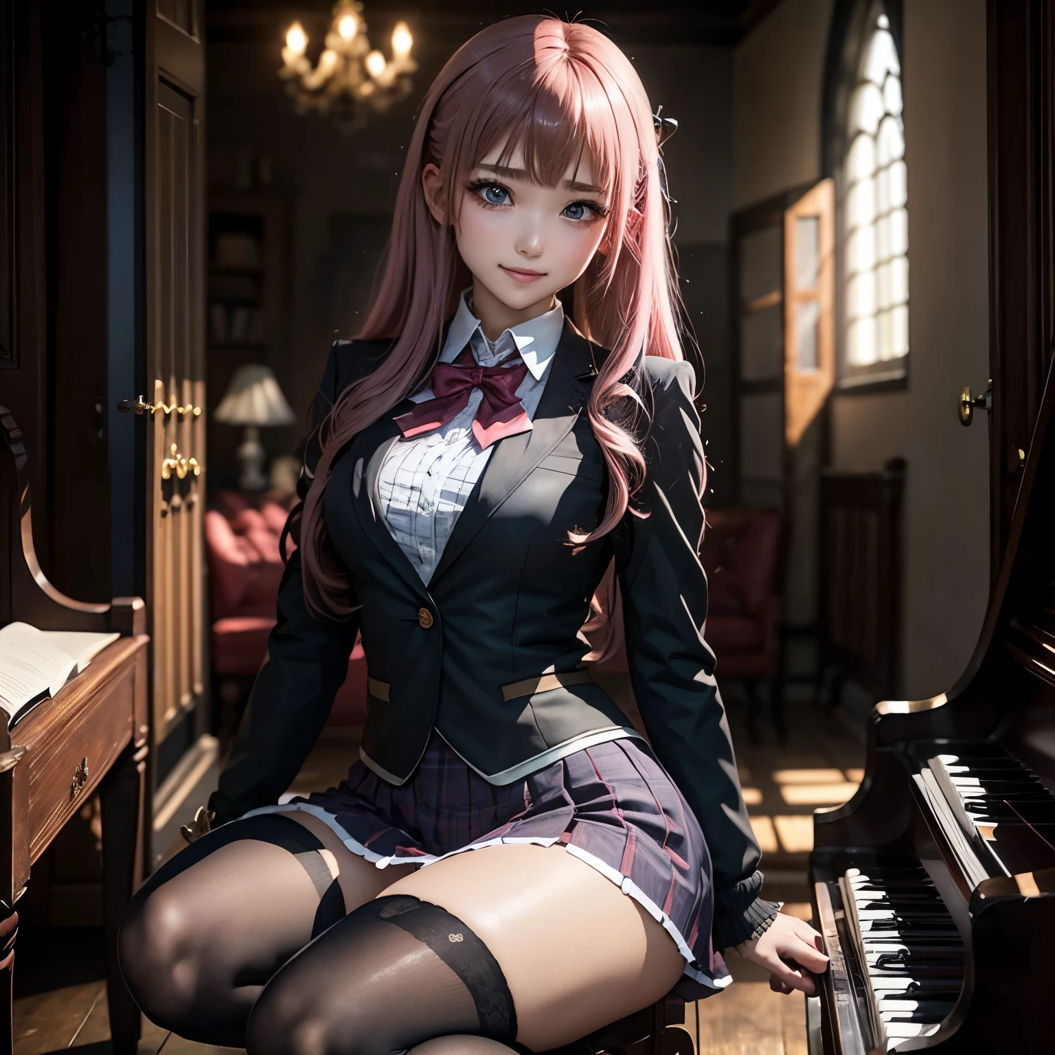 Blouse、 uniform、Red checked skirt、JK Style、Jacket、smile、Knee-high socks、Thigh-high socks、pantyhose、Great beauty、So cute、Malaise、Rare beauty、Twin tail hair、Black dark eyeshadow、sad、Good skin radiance、Straightening iron for long hair、Dark Gothic Makeup、暗いsmile、The beauty of fragrance、Stained Glass Background、masterpiece、highest quality、See 5 books、Sweat glistening on my chest、Sweat glistening on the face、Black frilly panties、Breast size is normal、濃いPink Hair、Age: 18 years old、Slightly slim、High school girl blazer、Playing the piano、sit and play an instrument、Piano available、Mysterious look、Sad look、Pink Hair、mysterious gothic church、enchanting castle、Sweating profusely all over the body、Lots of sweat on thighs and light、Shiny thighs、There is a lot of sweat glistening on my thighs、Copious sweat glistens on the thighs、Sweating profusely、Gal、Small breasts、The Face of Japan、black bikini swimwear、Captivating look、The thighs are a little thin、