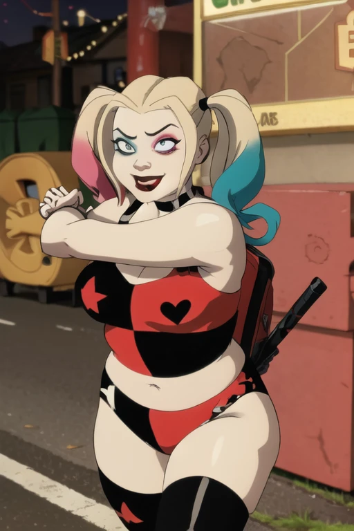 Harley Quinn, SSBBW, gorda, on road, action pose, black eyes mask,