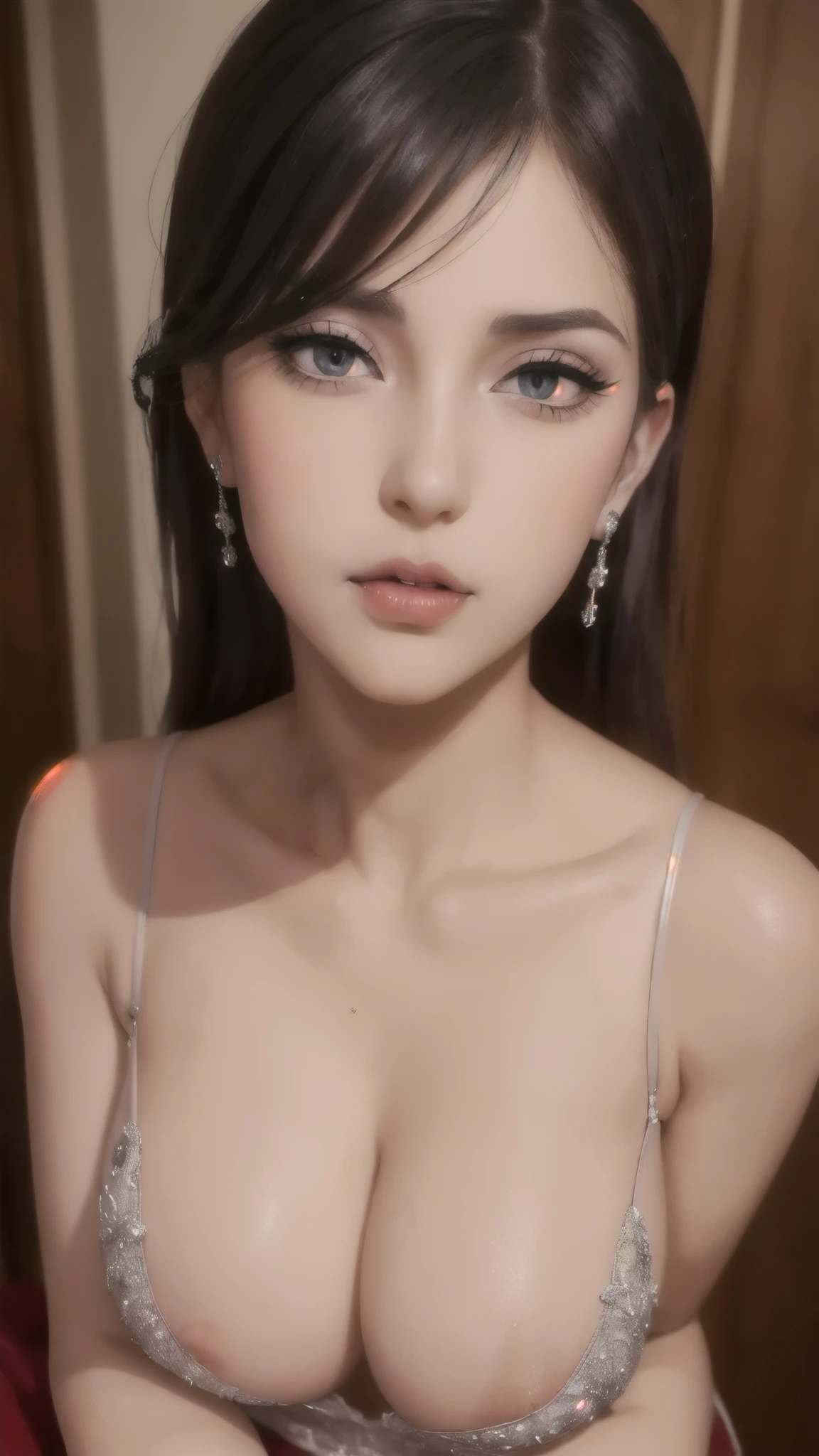 ((midynight, Need, 8K, tmasterpiece:1.3)), very beautiful queen, Slender abs:1,1, (Big breasts:1.2). ultra-detailed face, highly detailed lips, detailed eyes, double eyelid. ((Make-up face. Red lipstick)), beautiful hair, Super cute little face, very beautiful face, thin eyebrows, flawless beautiful face, ((black pupil)), very beautiful eyes, ((platinum eyes)), beautiful and detailed makeup, wet eye makeup, eyelashes, sharp nose, earrings,full body,slutty look,
. Wearing a beautiful office outfit,bold outfit,big breasts,shy face,thick lips,thick figure, wearing a beautiful bold office outfit