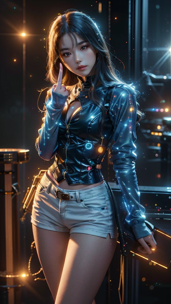 Ultra-Realistic Capture,18k,RAW Photos,Highest quality,masterpiece,reality,Very detailed,Live Action,Very beautiful woman,Detailed face,Glowing Skin,rainbow,Automata,cyber punk,18-year-old ,Model body type,slim,lots of leds,Clothes made of light particles,rainbowスキン,Implanted electronic devices,Very detailedな電子機器,Many connections,Very long hair,Large Breasts,Acrobatics,((Middle finger:1.5)),neon,Long legs,anger,(Playing electric guitar),