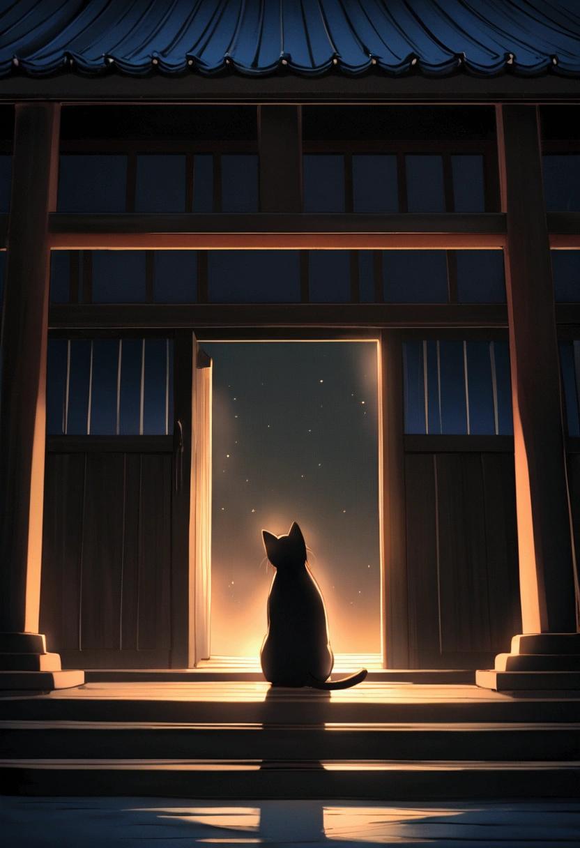 Black cat on the steps of a shrine There is no one evening