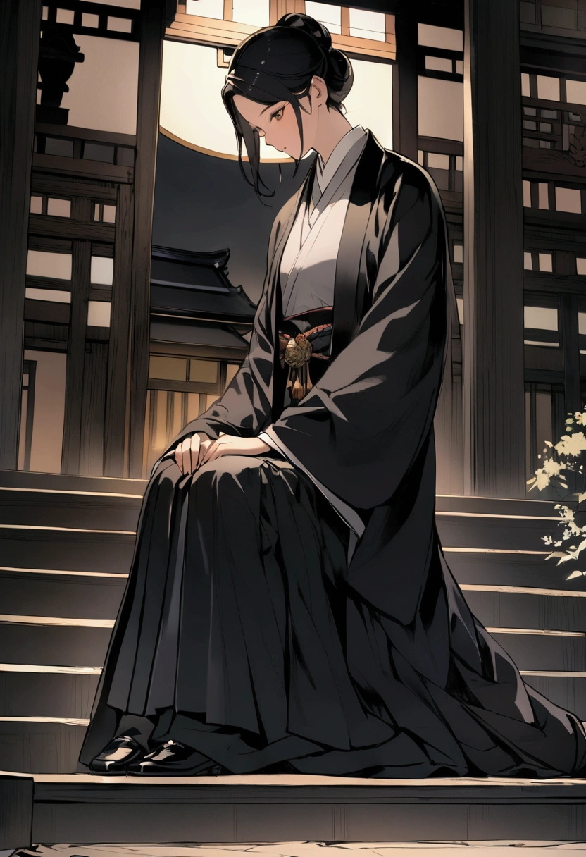 Black cat on the steps of a shrine There is no one evening