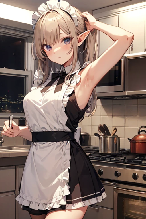 A maid, (in kitchen), various hair styles, night, details face, short skirt, seducing, sleeveless, maid uniform, armpits, elf