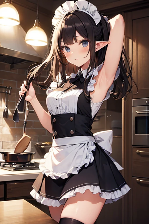A maid, (in kitchen), various hair styles, night, details face, short skirt, seducing, sleeveless, maid uniform, armpits, elf