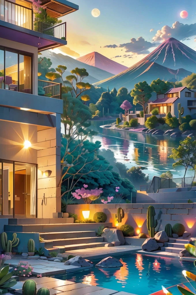 Multiple houses, brutalism style, Luis Barragán, Mountains in background, river, pool, terraces, stairs, garden terraces, trees, beautiful clouds, moon, sun, detailed, cacti, boulders, volcanic rocks, fuggy, river, lake, Violet, orange, olive green, blue, magenta, amazing volcano in horizont, beautiful garden design