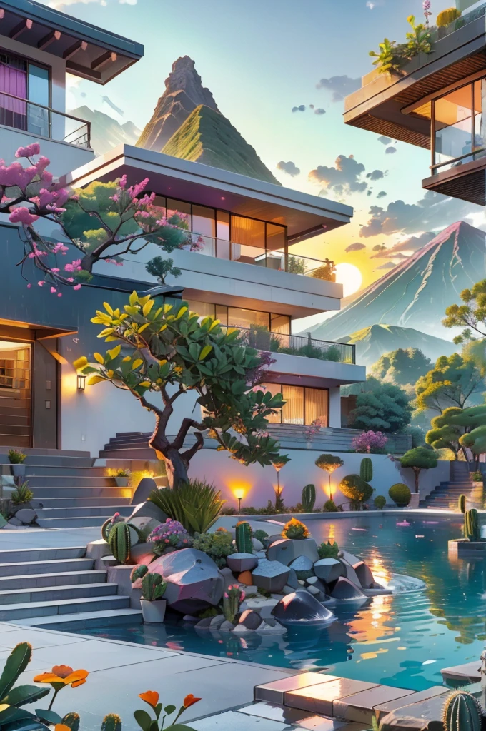 Multiple houses, brutalism style, Luis Barragán, Mountains in background, river, pool, terraces, stairs, garden terraces, trees, beautiful clouds, moon, sun, detailed, cacti, boulders, volcanic rocks, fuggy, river, lake, Violet, orange, olive green, blue, magenta, amazing volcano in horizont, beautiful garden design