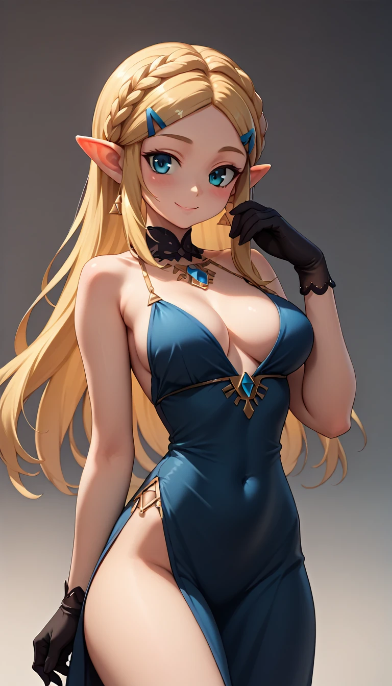 High resolution, Very detailed, perfect lighting, beautiful detailed eyes,   ((masterpiece,Best Quality)), absurdities, alone,     princess zelda, by the width, crown braid, Hair clip, pointy ears, Elegant navy blue shiny slim fit evening dress, Gloves without fingers, black gloves, smile, curves,  deep neckline, deep neckline, Elegant navy blue shiny slim fit evening dress, Primer plano frontal, close up, close up