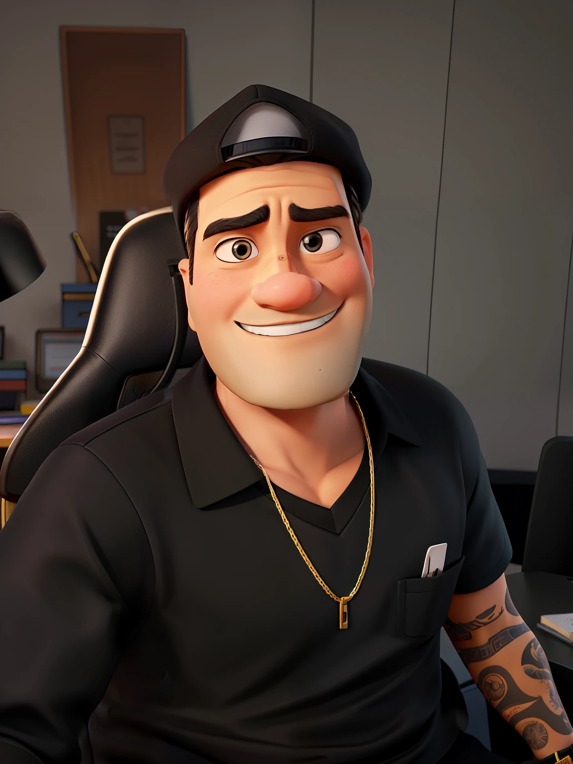 cartoon character, sitting in his office with a black t-shirt and a black cap turned back, wear a gold chain, looking at the camera, Don't wear glasses, earrings and bracelets.