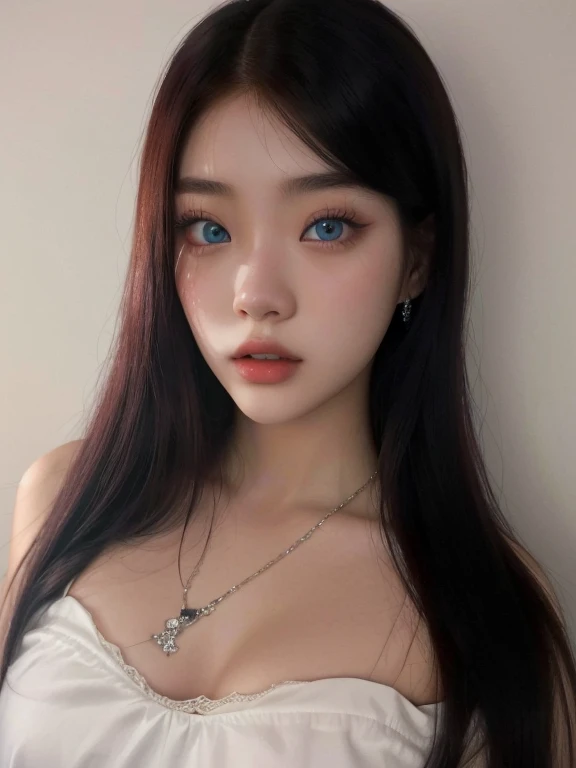 araffe asian woman with long red hair, red hair, wearing a white top, korean girl, gorgeous young korean woman, beautiful south korean woman, Billie Elish, blue eyes, big eyes, beautiful Asian girl, ulzzang, Asian girl, 18 years, beautiful young korean woman, asian girl, Billie Elish, heonhwa choe, Xision Wu, korean woman, 22 years, blue eyes, Billie Elish, blue eyes