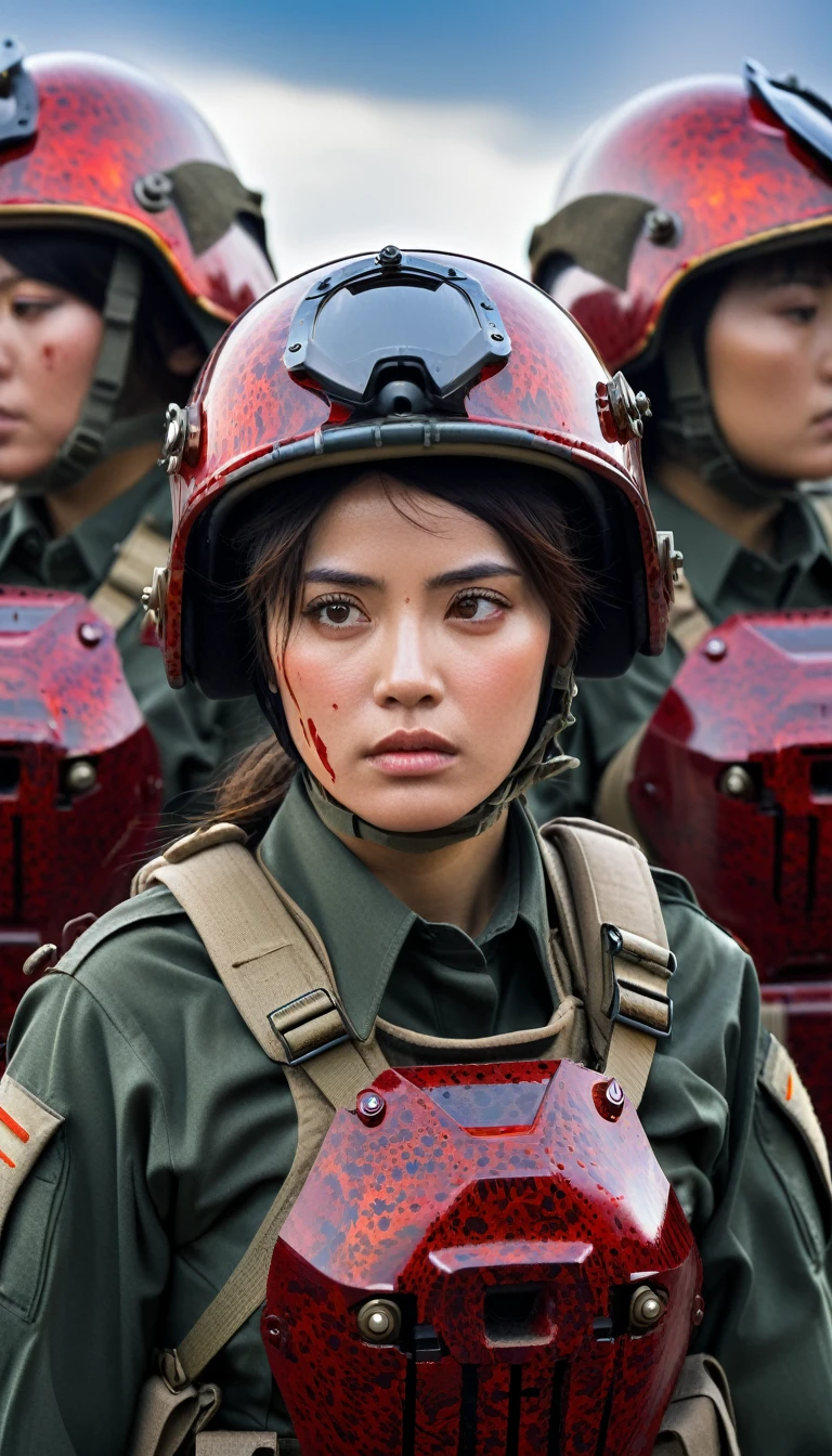 Close-up of a female soldier, half human, half machine, their faces partially obscured by military helmets. Their eyes are filled with sadness and longing. The background is a trail of blood and violence. She wears a mechanized robot armor, carved with animal elements, human skulls. The sky is filled with swirling, fiery clouds. The photo conveys a strong sense of the warrior's appearance.