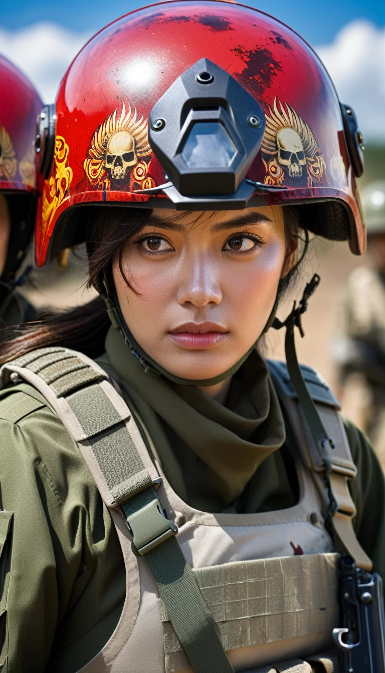 Close-up of a female soldier, half human, half machine, their faces partially obscured by helmets. Their eyes are filled with sadness and longing. The background is a trail of blood and violence. She is wearing a mechanized uniform, carved with animal elements, human skulls. The sky is full of swirling, fiery clouds. The photo conveys a strong sense of the warrior's appearance.