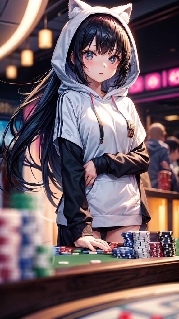 Anime girl with hoodie andpoker cards and poker chips, 1girl, Bangs, Blurry, Anime,Long HairSolo, Blurry, ,blurry face