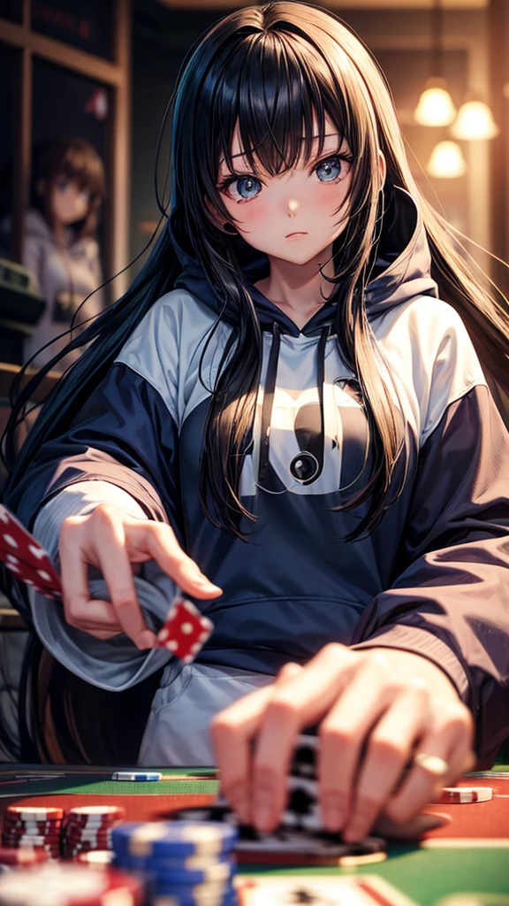 Anime girl with hoodie andpoker cards and poker chips,  1girl, Bangs, Blurry, Anime,Long HairSolo, Blurry, ,blurry face