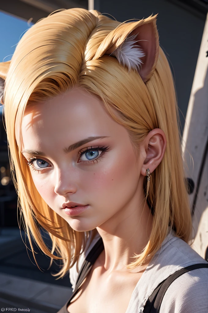 a beautiful neko android 18, detailed facial features, detailed eyes, detailed lips, detailed nose, detailed face, long eyelashes, catlike ears, catlike tail, detailed android components, cyborg body, intricate mechanical details, highly detailed, 8k, photorealistic, masterpiece, vibrant colors, dynamic lighting, dramatic poses, fantasy art