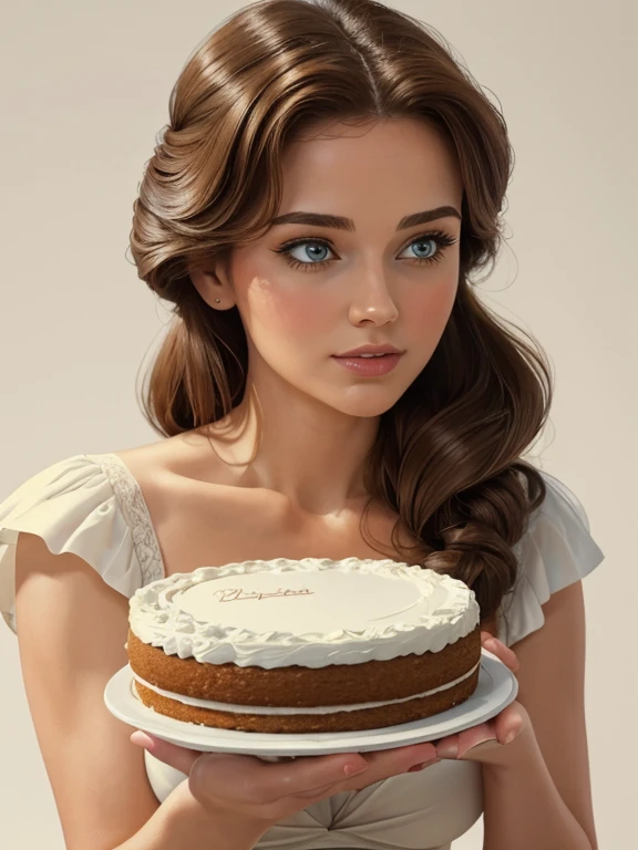 masterpiece, best quality, Woman holding a whole cake, 8k, White background，Solid color background，Woman holding cake, 8k, (Clear focus,  Very detailed) Warren Tufts, Retro, deep cleavage 