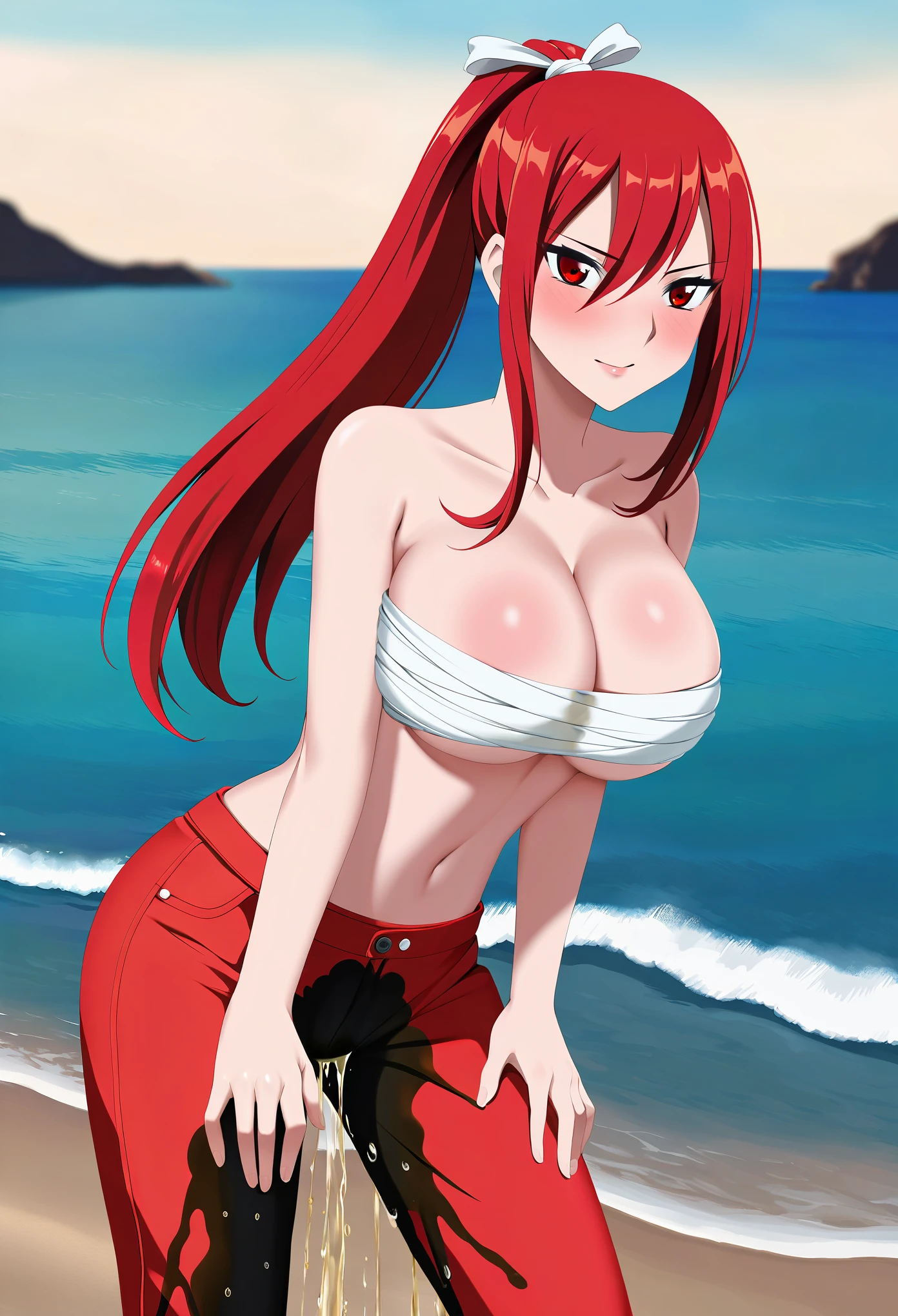 (high quality,Very detailed:1.37, High resolution), Woman, Erza, animerza, red hair, navel, flame pants, collarbone, bare shoulders, cleavage, hair over one eye, large breasts, long hair, bandages, chest sarashi, white ribbon, beach, looking at viewer, brown eyes, ponytail, masterpiece, best quality, (wetting herself:1.5), (embarrassed:1.5), (humiliation:1.5), (sweating:1.25), (blushing:1.5), standing
