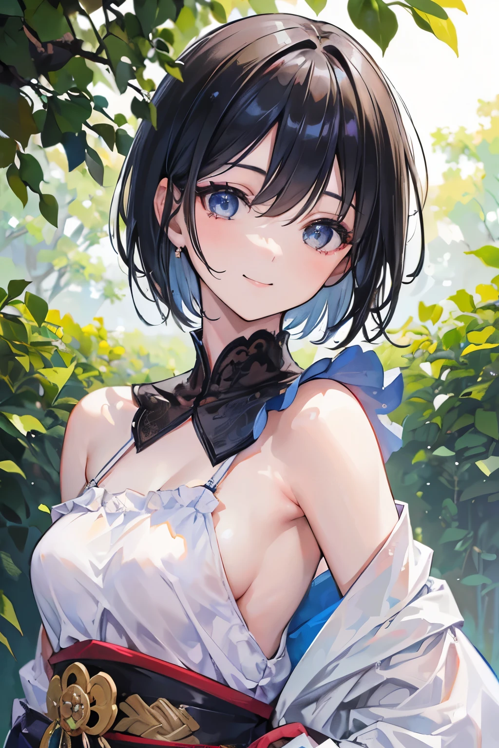 1girl, solo, (masterpiece:1.2), a shy fox girl swimming in a detailed lake, naked, small breasts, blue eye color, short black hair, black fox ears, black fox tail, aroused face, blushed cheeks, panting, soaked, finger inside pussy, anime style