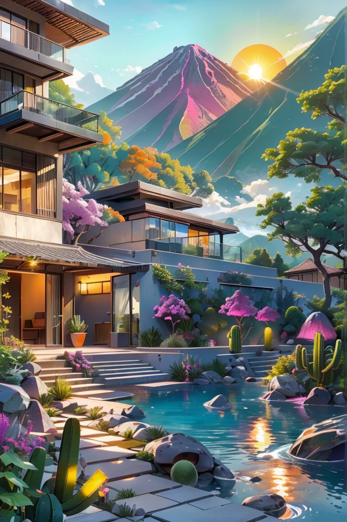 Multiple houses, brutalism style, Luis Barragán, Mountains in background, river, pool, terraces, stairs, garden terraces, trees, beautiful clouds, moon, sun, detailed, cacti, boulders, volcanic rocks, fuggy, river, lake, Violet, orange, olive green, blue, magenta, amazing volcano in horizont, beautiful garden design