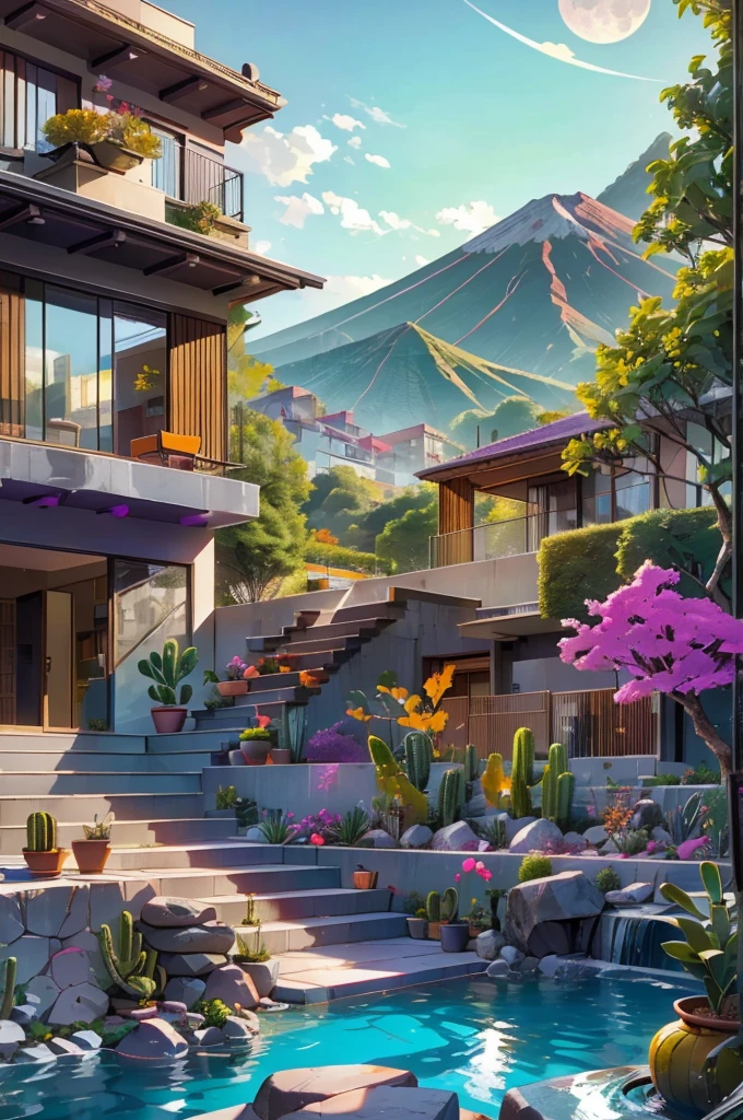 Multiple houses, brutalism style, Luis Barragán, Mountains in background, river, pool, terraces, stairs, garden terraces, trees, beautiful clouds, moon, sun, detailed, cacti, boulders, volcanic rocks, fuggy, river, lake, Violet, orange, olive green, blue, magenta, amazing volcano in horizont, beautiful garden design