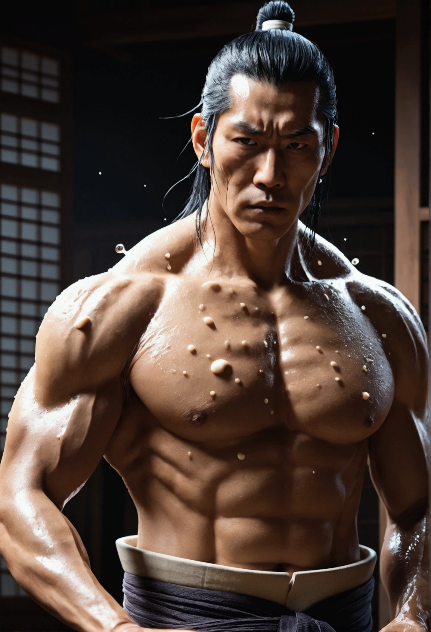 create the jujutsu kaizen character sukuna with a huge, exposed chest with drops of milk coming out