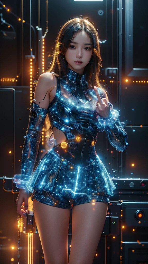 Ultra-Realistic Capture,18k,RAW Photos,Highest quality,masterpiece,reality,Very detailed,Live Action,Very beautiful woman,Detailed face,Glowing Skin,rainbow,Automata,cyber punk,18-year-old ,Model body type,slim,lots of leds,Clothes made of light particles,rainbowスキン,Implanted electronic devices,Very detailedな電子機器,Many connections,Very long hair,Large Breasts,Acrobatic Pose,((Middle finger:1.5)),neon,Long legs,anger,(Electric guitar),