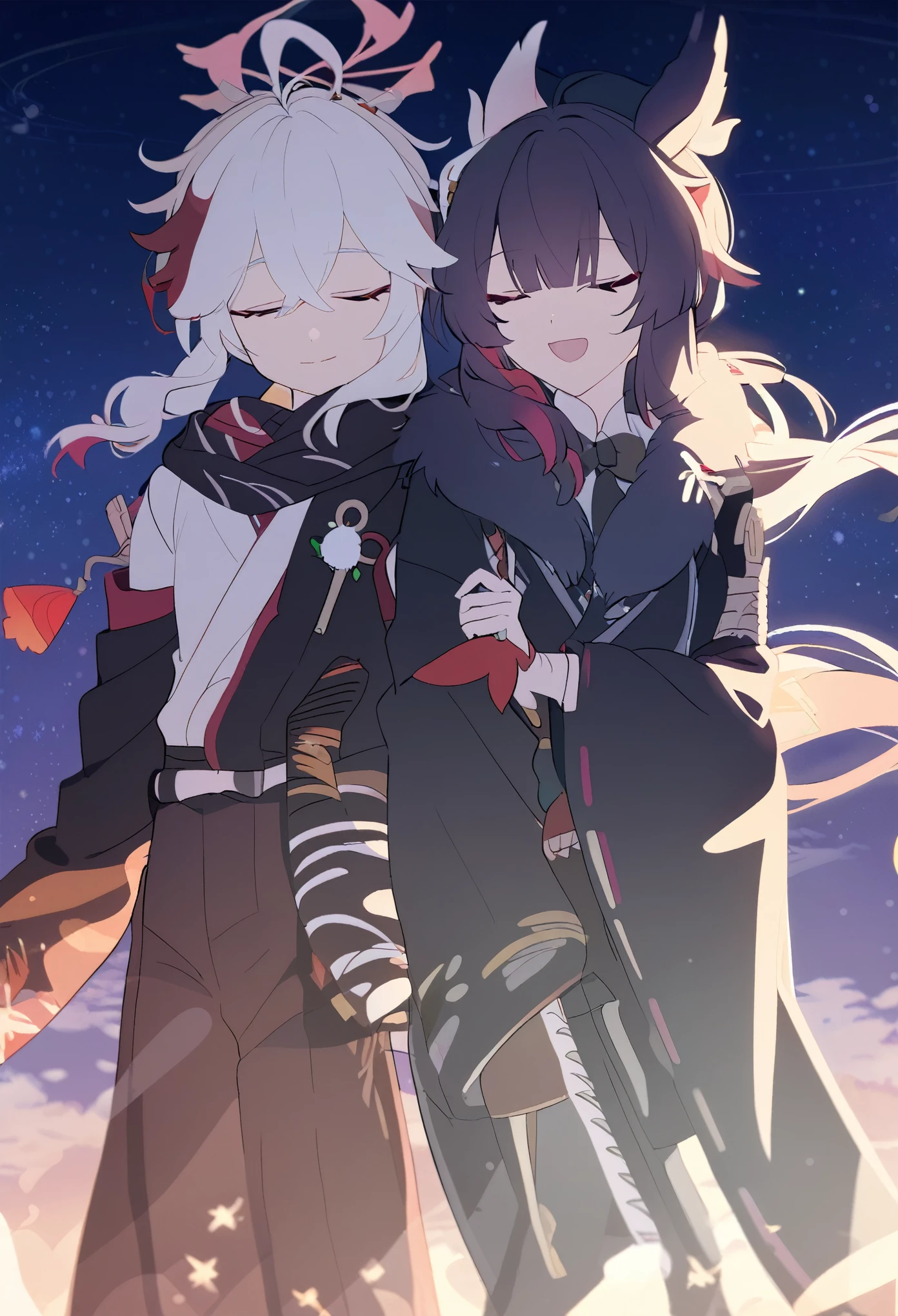  man and woman couple, couple, walking under the stars, at night, a little stuck, 1 girl, Columbina, multicilor hair, two color hair, colored inner hair, decoration for your hair, black fur, dark fur, with red outline, Closed eyes, 1 chico, Kaedehara Kazuha, white hair with a red streak, hair ornament