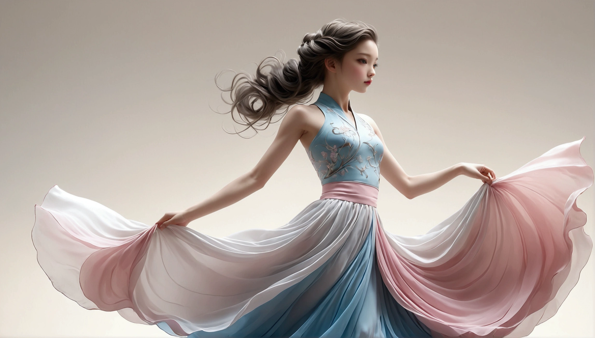 Dance photography;A dancer,Solitary;A little girl in a long skirt(Girl),Chinese style skirt,pink,Conservative style,Smudged skirt hem;The movements of the dance;elegant,Flexible skirt,High-rise skirt;Long hair,Long hair披肩。Full body view,front; Simple style;Minimalism。Background of Flatness,Absolute pure color;White background,Pure white background;Panoramic photography;Depth of Field, Extraordinary details, masterpiece, high quality, 4K,cinematic lighting, motion blur, depth of field, sparkle, ray tracing, reflection light, anatomically correct, uhd, textured skin, best quality, super detail, highres, high details, accurate, high quality, award winning