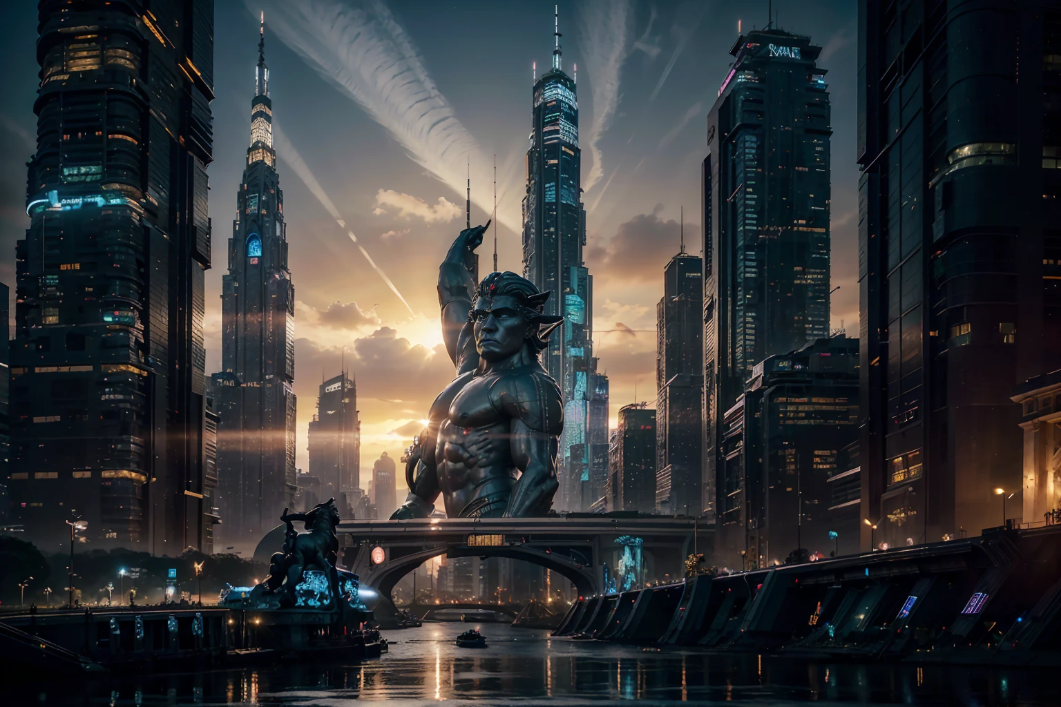 (Highest quality, Ultra HD, 16k, Masterpiece) In a future cityscape, the vibrant lights and towering skyscrapers create a stunning cyberpunk aesthetic. The city is elevated high into the clouds, offering a breathtaking view of the universe. This SF world is a blend of advanced technology and otherworldly beauty. At the heart of the city stands a huge, colossal statue of an animal god, its presence both awe-inspiring and majestic. The statue, an enormous tribute to the Indian deity, rises from the middle of the city, its intricate details and grand scale making it a focal point of the skyline. The early morning light bathes the statue and the city in a soft glow, highlighting the contrast between the ancient spiritual figure and the futuristic surroundings. The sky is a canvas of vibrant hues, with the city lights flickering against the backdrop of the universe. The colossal statue of a Mythological gorilla, with its serene expression and powerful stance, seems to watch over the bustling metropolis, merging the spiritual and the technological in a harmonious blend. The overall composition captures the essence of a world where tradition and innovation coexist, creating a scene of unmatched beauty and depth. The vibrant energy of the city, combined with the tranquil presence of the statue, offers a unique glimpse into a future where the past is never forgotten. (((Sunset)))