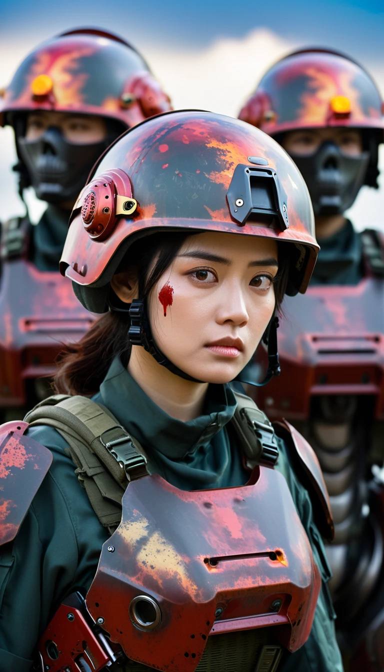 Close-up of a female soldier, half human, half machine, their faces partially obscured by military helmets. Their eyes are filled with sadness and longing. The background is a trail of blood and violence. She wears a mechanized robot armor, carved with animal elements, human skulls. The sky is filled with swirling, fiery clouds. The photo conveys a strong sense of the warrior's appearance.