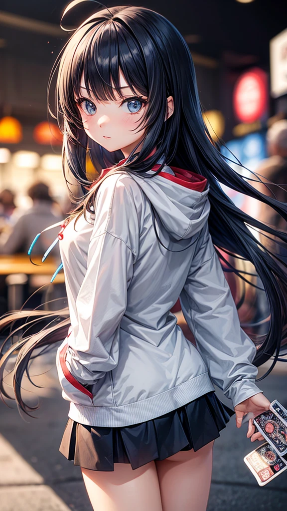 Anime girl with hoodie and poker cards and poker chips and blured face , 1girl, Bangs, Blurry, Anime,Long HairSolo, Blurry,