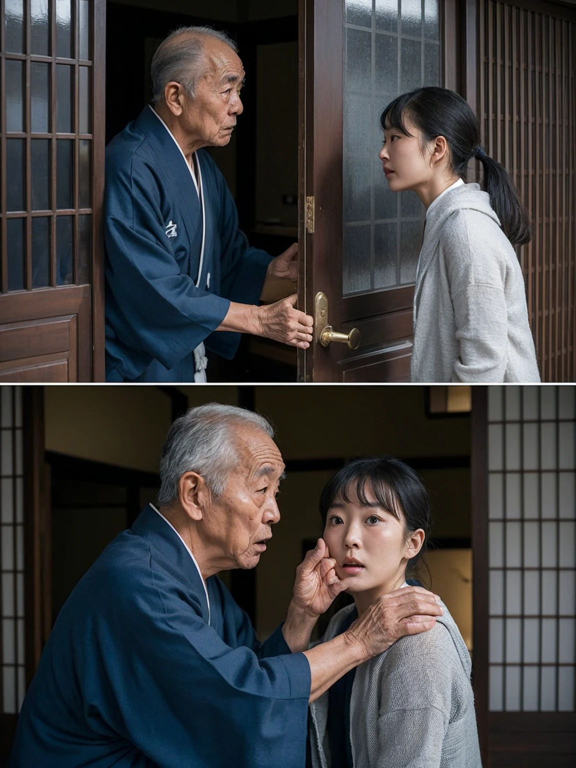 A powerful and emotional scene featuring an elderly Japanese man and a young woman in traditional attire. The man, wearing a simple kimono and a towel on his head, opens the door to greet the woman. They exchange words in a serious conversation, with the elder's facial expression conveying a sense of wisdom and concern. In the second image, they are inside the traditional Japanese home, with tatami mats and sliding doors in the background. The man, still in his robe, places a comforting hand on the woman's shoulder, as she covers her mouth, her eyes wide with shock or fear. The atmosphere is tense and dramatic, capturing the emotional weight of their conversation.