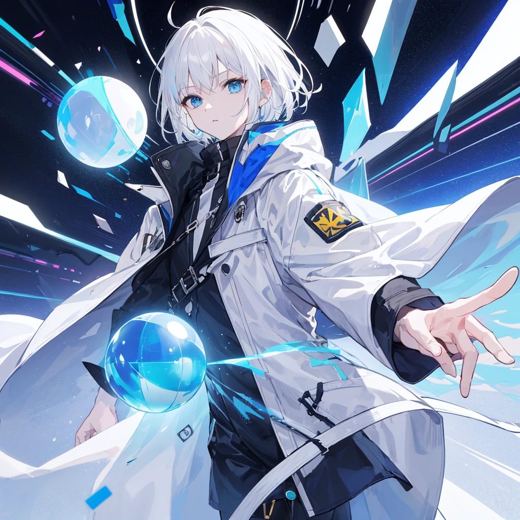 (masterpiece,Highest quality,Anime Style,Ray Tracing,)(Holographic Projection,White Hair,長いWhite Hair,Hair Straightening,Blue Eyes,blue and white trench coat,Futuristic design,Clothing of the future,Solo,Holding a sphere in his hand