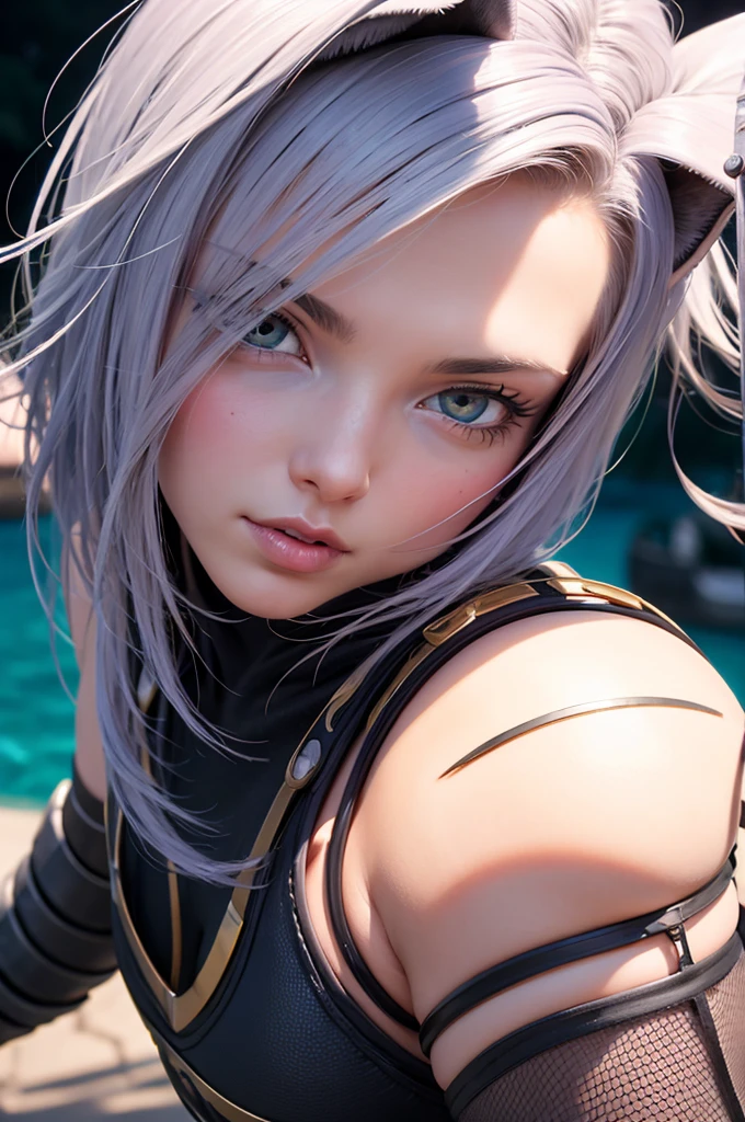 a beautiful neko android 18, detailed facial features, detailed eyes, detailed lips, detailed nose, detailed face, long eyelashes, catlike ears, catlike tail, detailed android components, cyborg body, intricate mechanical details, highly detailed, 8k, photorealistic, masterpiece, vibrant colors, dynamic lighting, dramatic poses, fantasy art