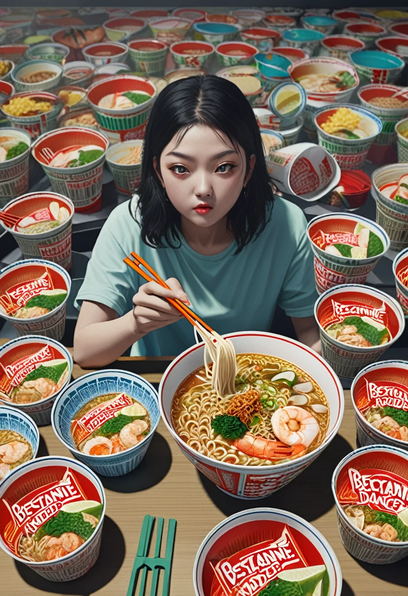 photorealistic,(Masterpiece, BestQuality),flat color,cup noodle seafood,nissin,very delicious looking food,octane rendering,Breakin' dancer staring at noodles,