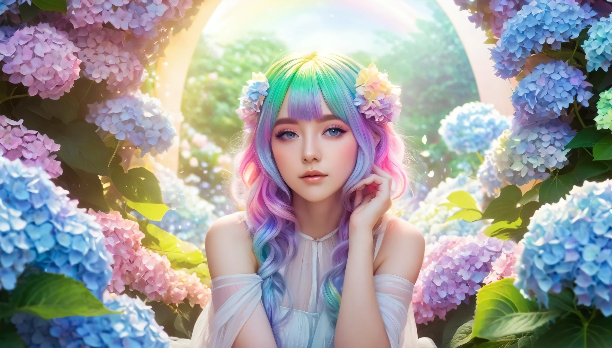 A beautiful anime girl with rainbow hair and eyes is resting in a magical garden. She is surrounded by pastel-colored hydrangeas, and a double rainbow arches over the scene. The style is light and dreamy, with a soft focus and ethereal quality.