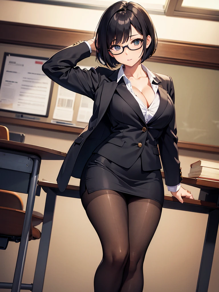 masterpiece, best quality, high definition images, atmospheric perspective, expressive eyes, perfect face, ultra detailed, solo, 1mature seductive woman, pinup, sexy pose, alluring pose, female teacher, black short bob hair, simple glasses, business suit, jacket, blouse, cleavage, pencil skirt, tight mini skirt, lifting skirt, black panties, curvy, thighs, pantyhose, high heals, open legs, in study room,