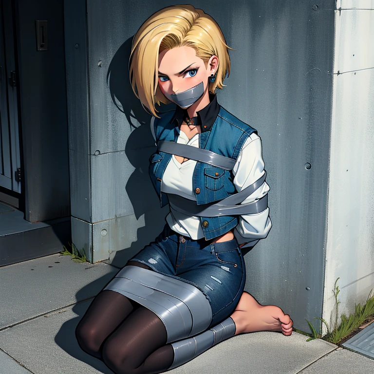 best quality, highres, and18, 1girl, android 18, solo, blonde hair, blue  eyes, short hair, earrings, jewelry, denim vest, open vest, black  pantyhose, black shirt, denim skirt, striped long sleeves, blue skirt,  large breasts, cowboy shot, street, gagged, , bound, seated on the floor, full body view, barefoot, tape gag, tape on the mouth.