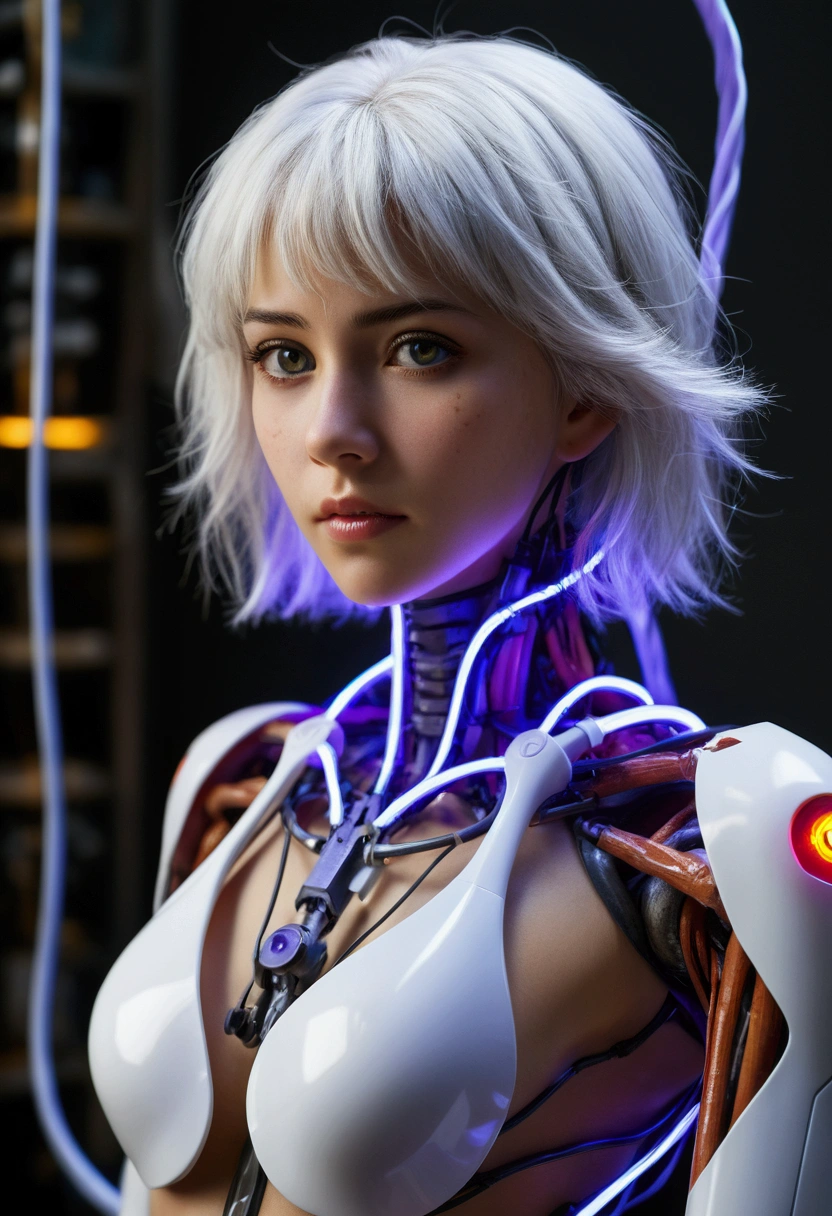 Top Quality, Masterpiece, Ultra High Resolution, (Photorealistic: 1.4), Raw Photo, 1 Girl, White Hair, Glossy Skin, 1 Mechanical Girl, (Ultra Realistic Details)), Portrait, Global Illumination, Shadows, Octane Rendering, 8K, Ultra Sharp, Big, Cleavage Exposed Raw Skin, Metal, Intricate Ornament Details, Cold Color, Egyptian details, very intricate details, realistic light, CGSoation trend, purple eyes, glowing eyes, facing the camera, neon details, mechanical limbs, blood vessels connected to tubes, mechanical vertebrae attached to the back, mechanical cervical attachment to the neck, sitting, wires and cables connecting to the head, evangelion, small LED lamp,