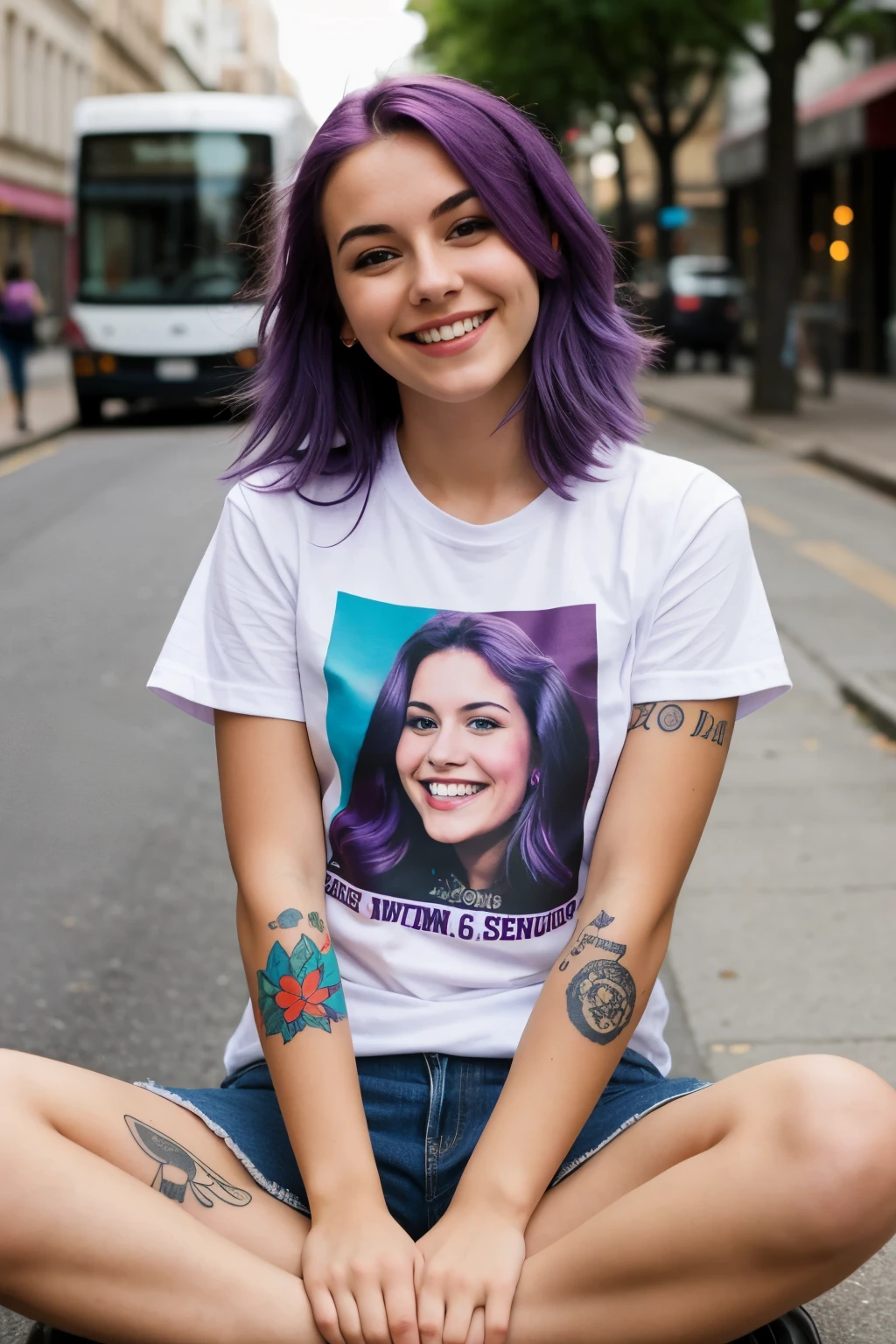 Street photography of young woman with purple hair, smile, be happy, cute t-shirt, tattoo on her arm, Sitting in a 50's diner, realistically